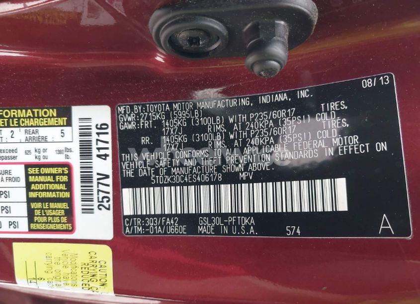 Photo 9 of 2014 Toyota Sienna L V6 7 PASSENGER (VIN 5TDZK3DC4ES406178)