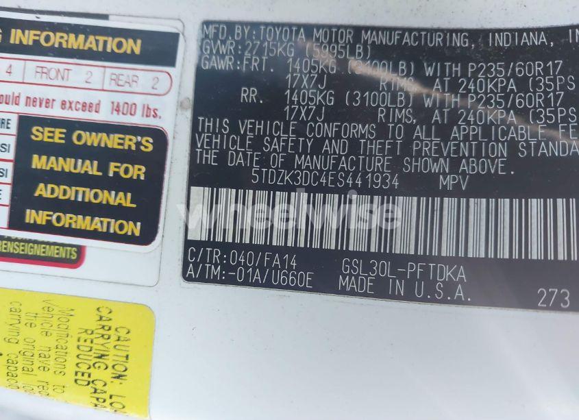 Photo 9 of 2014 Toyota Sienna L V6 7 PASSENGER (VIN 5TDZK3DC4ES441934)