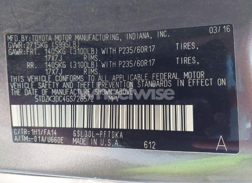 Photo 9 of 2016 Toyota Sienna L 7 PASSENGER (VIN 5TDZK3DC4GS726572)