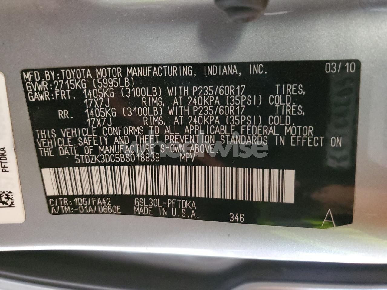 Photo 13 of 2011 TOYOTA SIENNA (VIN 5TDZK3DC5BS018839)