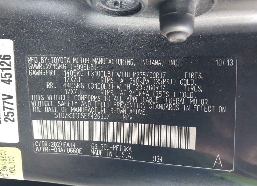 Photo 9 of 2014 Toyota Sienna L V6 7 PASSENGER (VIN 5TDZK3DC5ES426357)