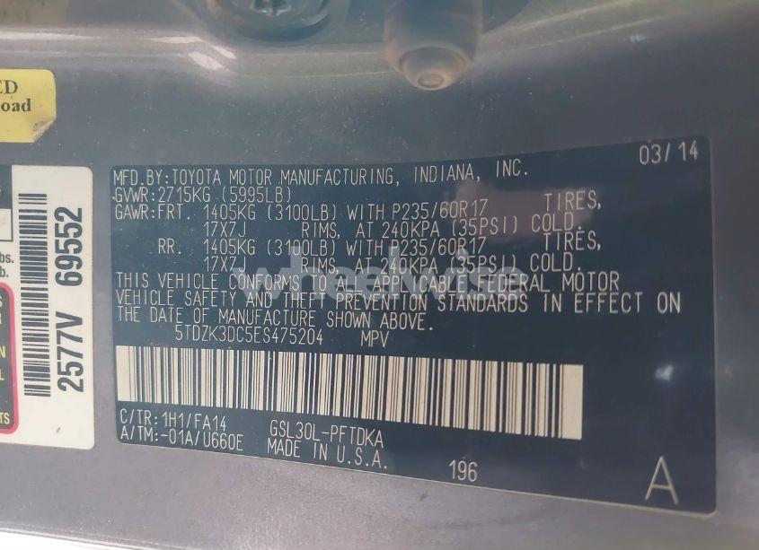 Photo 9 of 2014 Toyota Sienna L V6 7 PASSENGER (VIN 5TDZK3DC5ES475204)