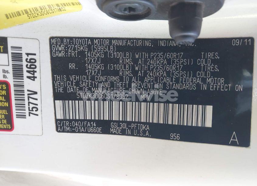 Photo 9 of 2012 Toyota Sienna BASE V6 7 PASSENGER (VIN 5TDZK3DC6CS178052)
