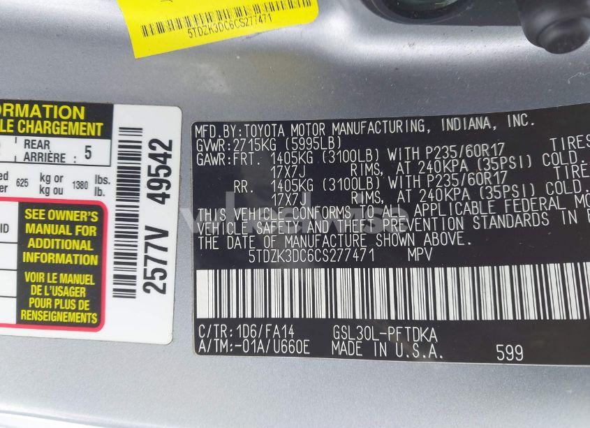 Photo 9 of 2012 Toyota Sienna BASE V6 7 PASSENGER (VIN 5TDZK3DC6CS277471)