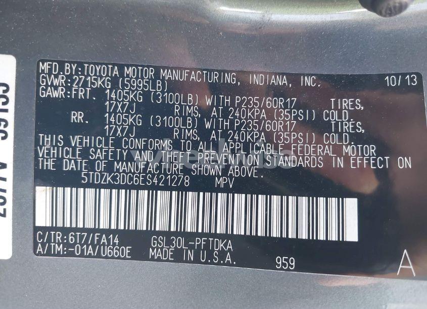 Photo 9 of 2014 Toyota Sienna L V6 7 PASSENGER (VIN 5TDZK3DC6ES421278)
