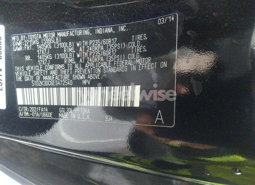 Photo 9 of 2014 Toyota Sienna L V6 7 PASSENGER (VIN 5TDZK3DC6ES472540)