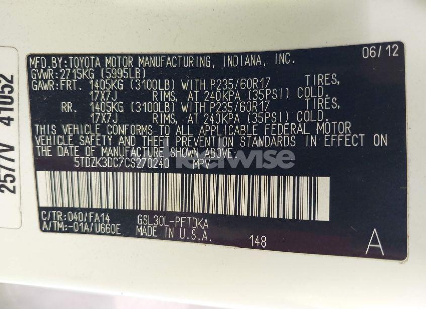 Photo 9 of 2012 Toyota Sienna BASE V6 7 PASSENGER (VIN 5TDZK3DC7CS270240)