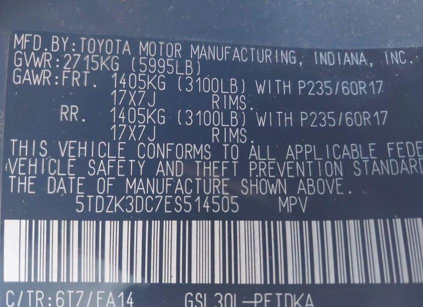 Photo 9 of 2014 Toyota Sienna L V6 7 PASSENGER (VIN 5TDZK3DC7ES514505)