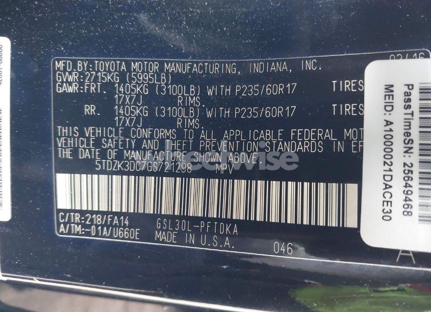 Photo 9 of 2016 Toyota Sienna L 7 PASSENGER (VIN 5TDZK3DC7GS721298)