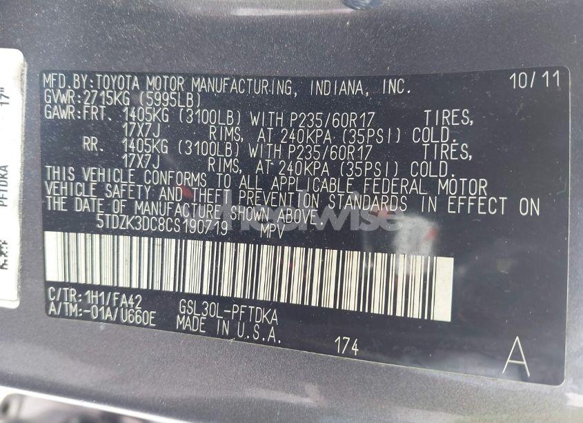 Photo 9 of 2012 Toyota Sienna BASE V6 7 PASSENGER (VIN 5TDZK3DC8CS190719)