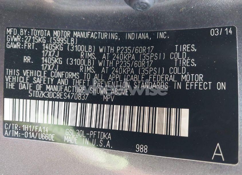 Photo 9 of 2014 Toyota Sienna L V6 7 PASSENGER (VIN 5TDZK3DC8ES470837)