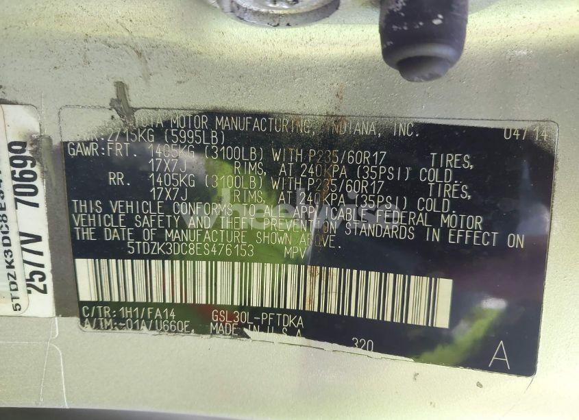 Photo 9 of 2014 Toyota Sienna L V6 7 PASSENGER (VIN 5TDZK3DC8ES476153)