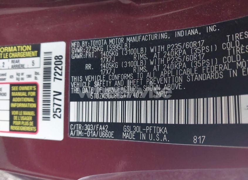 Photo 9 of 2014 Toyota Sienna L V6 7 PASSENGER (VIN 5TDZK3DC8ES477402)