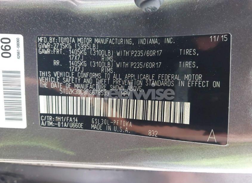 Photo 9 of 2015 Toyota Sienna L 7 PASSENGER (VIN 5TDZK3DC8FS678539)