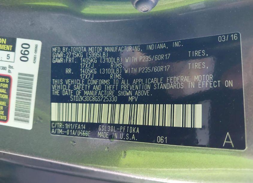 Photo 9 of 2016 Toyota Sienna L 7 PASSENGER (VIN 5TDZK3DC8GS725330)