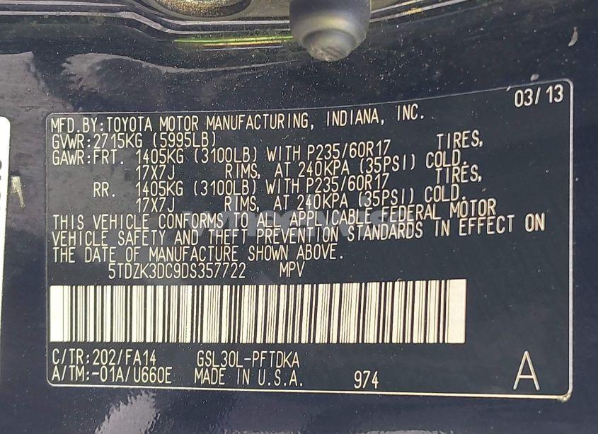 Photo 9 of 2013 Toyota Sienna L V6 7 PASSENGER (VIN 5TDZK3DC9DS357722)