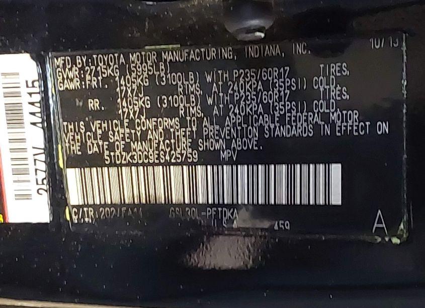 Photo 9 of 2014 Toyota Sienna L (VIN 5TDZK3DC9ES425759)