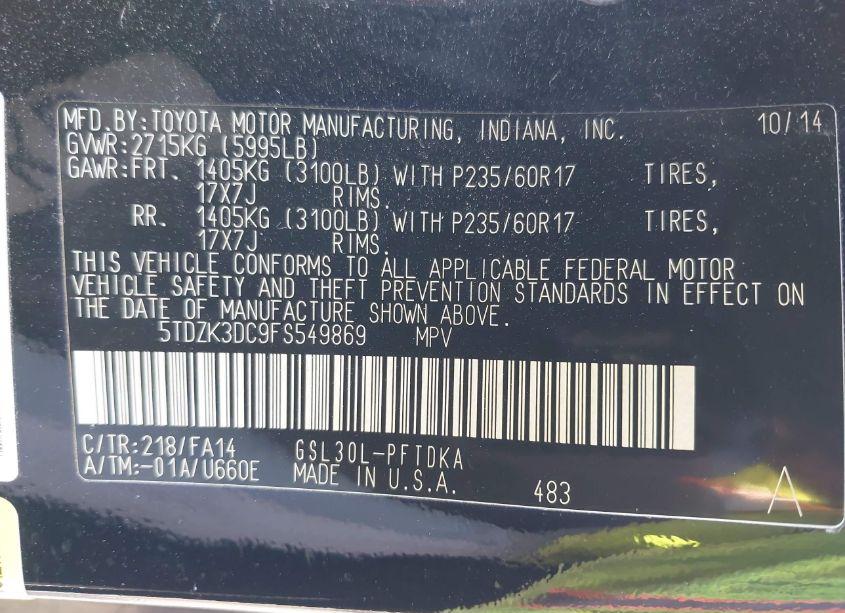Photo 9 of 2015 Toyota Sienna L 7 PASSENGER (VIN 5TDZK3DC9FS549869)