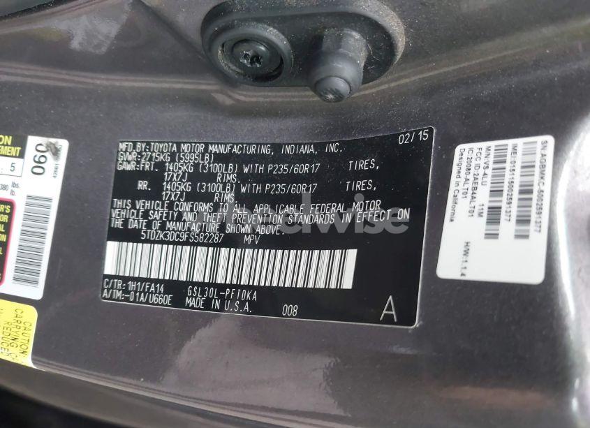 Photo 9 of 2015 Toyota Sienna L 7 PASSENGER (VIN 5TDZK3DC9FS582287)