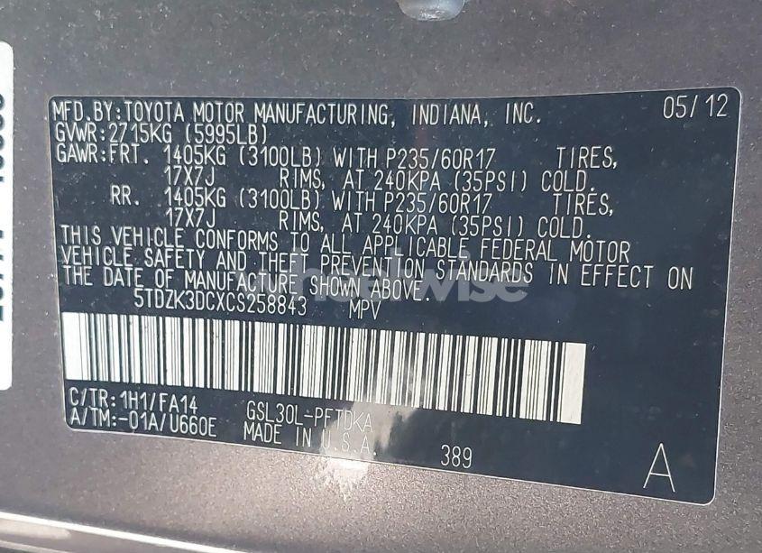 Photo 9 of 2012 Toyota Sienna BASE V6 7 PASSENGER (VIN 5TDZK3DCXCS258843)