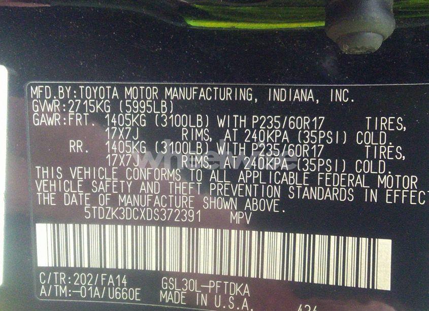 Photo 9 of 2013 Toyota Sienna L V6 7 PASSENGER (VIN 5TDZK3DCXDS372391)