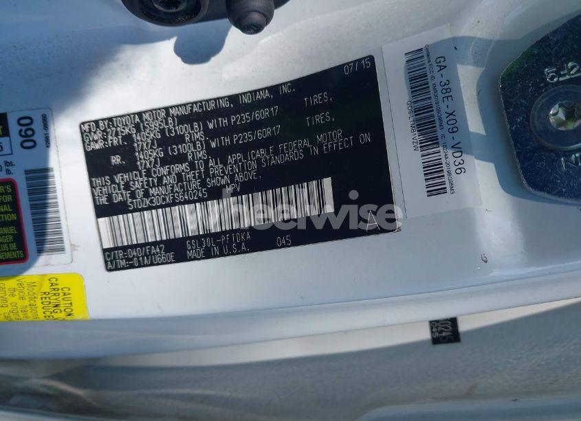 Photo 9 of 2015 Toyota Sienna L (VIN 5TDZK3DCXFS640245)