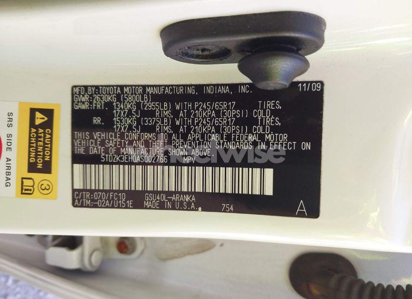 Photo 9 of 2010 Toyota Highlander BASE V6 (VIN 5TDZK3EH0AS002766)
