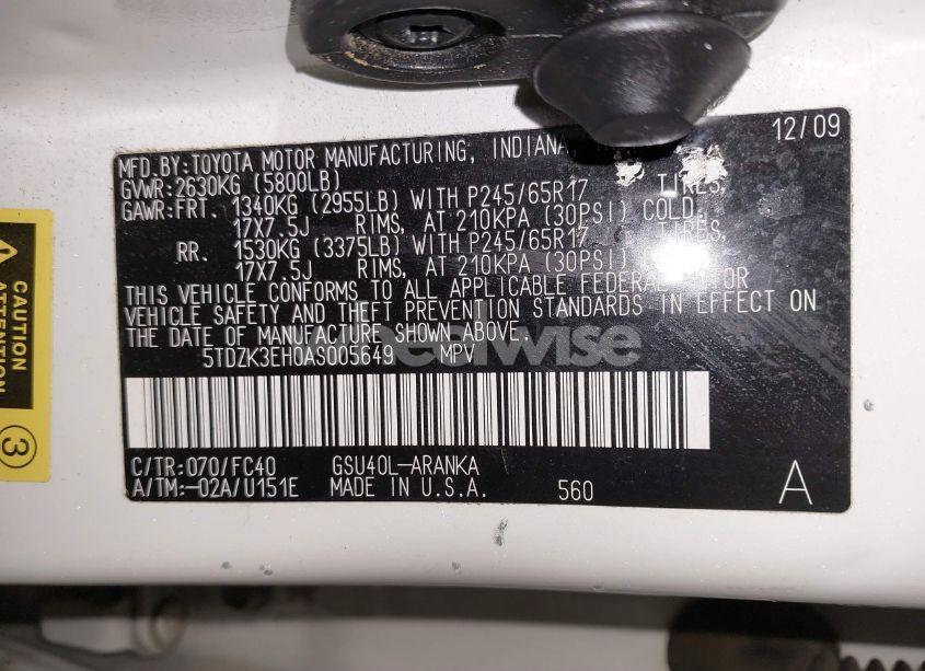 Photo 9 of 2010 Toyota Highlander BASE V6 (VIN 5TDZK3EH0AS005649)