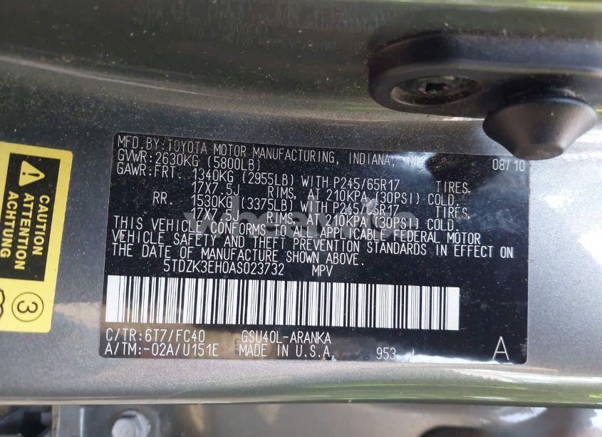 Photo 9 of 2010 Toyota Highlander BASE V6 (VIN 5TDZK3EH0AS023732)