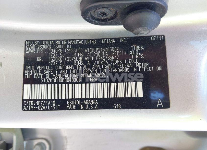 Photo 9 of 2011 Toyota Highlander BASE V6 (VIN 5TDZK3EH0BS048308)