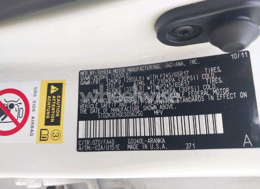 Photo 9 of 2012 Toyota Highlander BASE V6 (VIN 5TDZK3EH0CS056250)