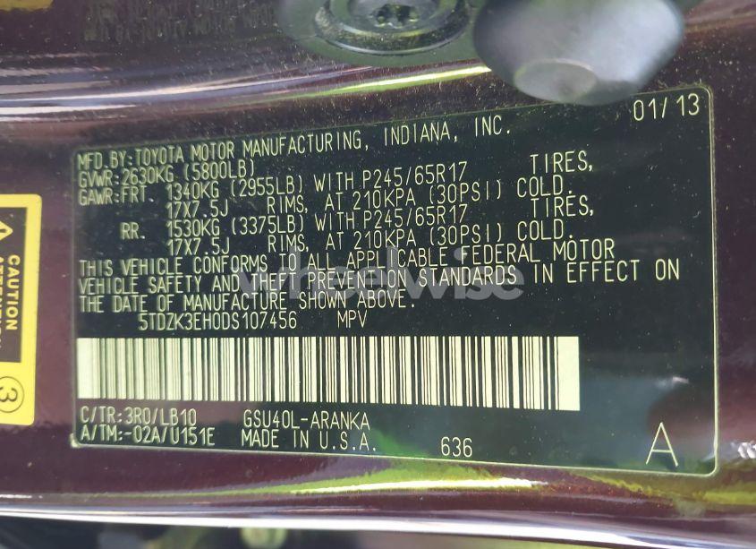 Photo 9 of 2013 Toyota Highlander PLUS/SE (VIN 5TDZK3EH0DS107456)