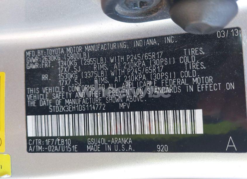 Photo 9 of 2013 Toyota Highlander PLUS/SE (VIN 5TDZK3EH1DS114772)