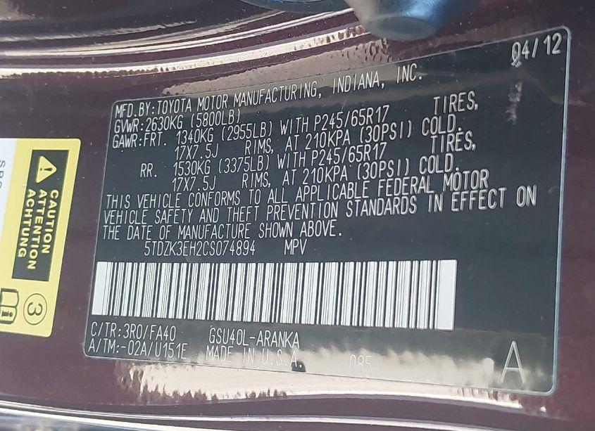 Photo 9 of 2012 Toyota Highlander SE (VIN 5TDZK3EH2CS074894)