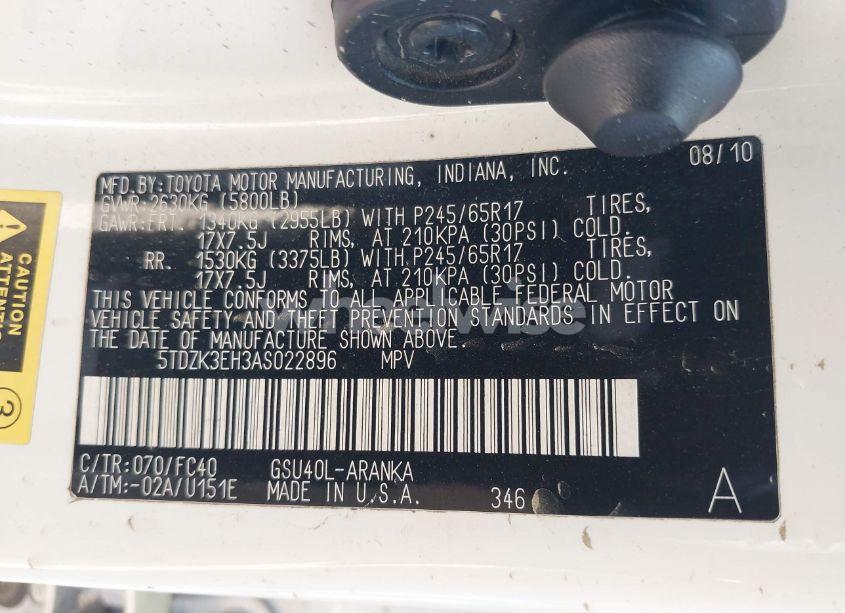 Photo 9 of 2010 Toyota Highlander BASE V6 (VIN 5TDZK3EH3AS022896)