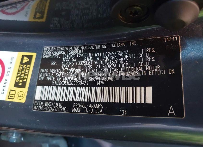 Photo 9 of 2012 Toyota Highlander SE V6 (VIN 5TDZK3EH3CS060471)