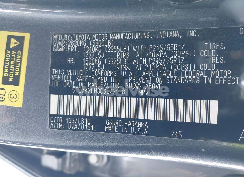 Photo 9 of 2012 Toyota Highlander SE V6 (VIN 5TDZK3EH3CS072118)