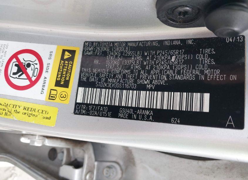 Photo 9 of 2013 Toyota Highlander BASE PLUS V6 (VIN 5TDZK3EH3DS116703)