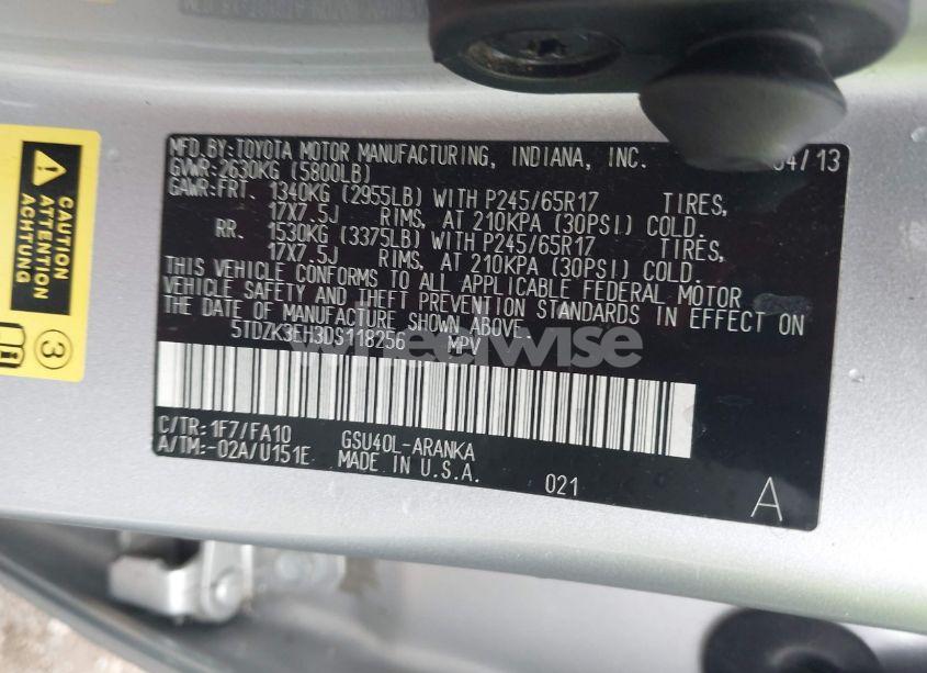 Photo 9 of 2013 Toyota Highlander BASE PLUS V6 (VIN 5TDZK3EH3DS118256)