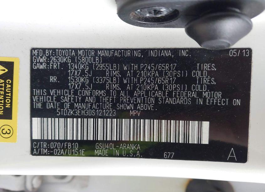 Photo 9 of 2013 Toyota Highlander BASE V6 (VIN 5TDZK3EH3DS121223)