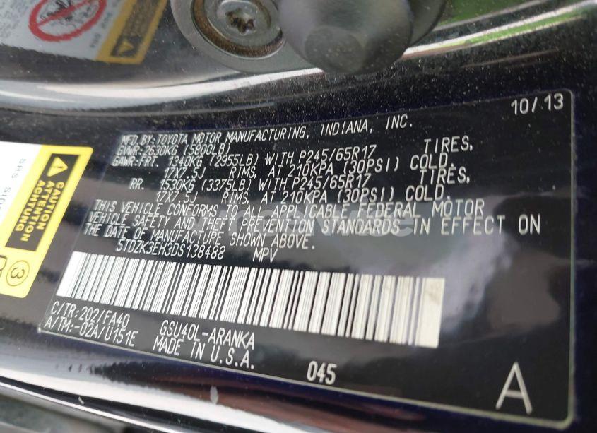 Photo 9 of 2013 Toyota Highlander BASE PLUS V6 (VIN 5TDZK3EH3DS138488)