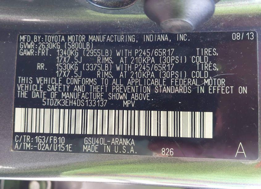 Photo 9 of 2013 Toyota Highlander BASE V6 (VIN 5TDZK3EH4DS133137)