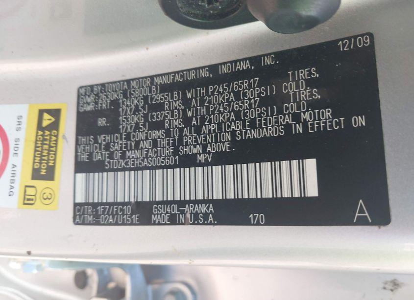 Photo 9 of 2010 Toyota Highlander BASE V6 (VIN 5TDZK3EH5AS005601)