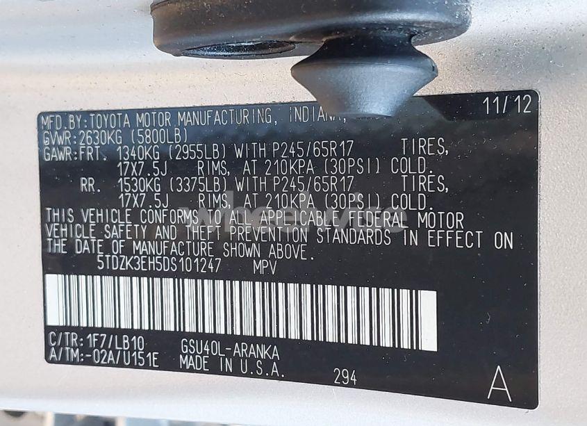 Photo 9 of 2013 Toyota Highlander SE V6 (VIN 5TDZK3EH5DS101247)