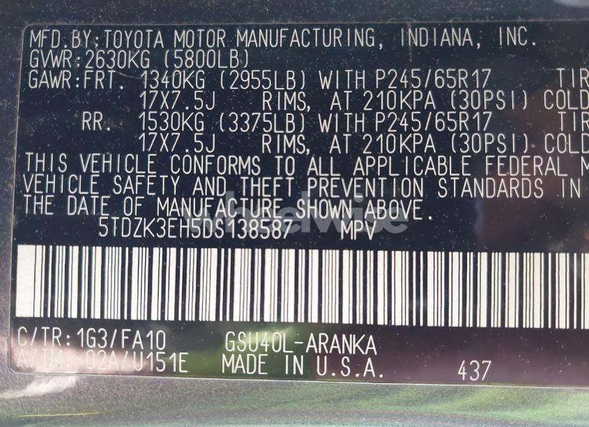 Photo 9 of 2013 Toyota Highlander BASE PLUS V6 (VIN 5TDZK3EH5DS138587)