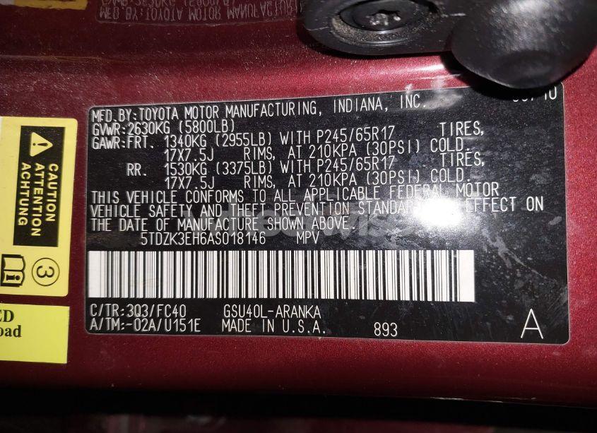 Photo 9 of 2010 Toyota Highlander BASE V6 (VIN 5TDZK3EH6AS018146)