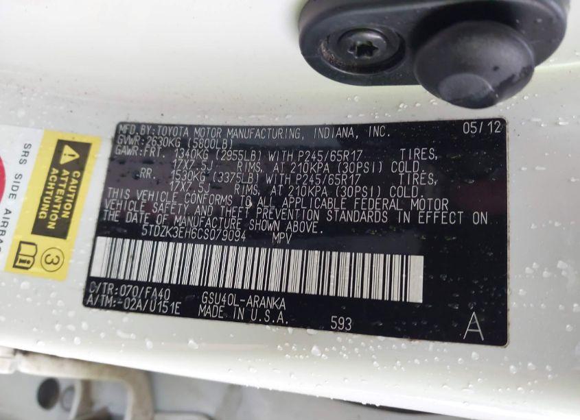 Photo 9 of 2012 Toyota Highlander SE (VIN 5TDZK3EH6CS079094)