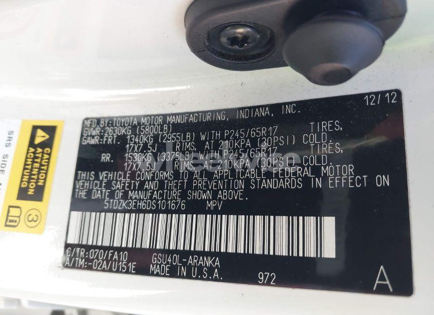 Photo 9 of 2013 Toyota Highlander BASE PLUS V6 (VIN 5TDZK3EH6DS101676)