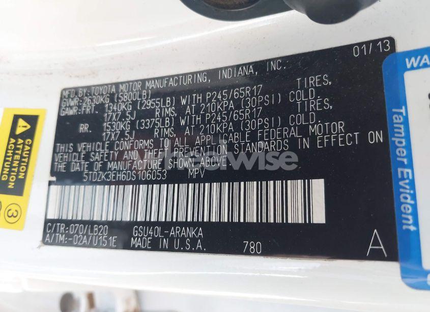 Photo 9 of 2013 Toyota Highlander PLUS/SE (VIN 5TDZK3EH6DS106053)