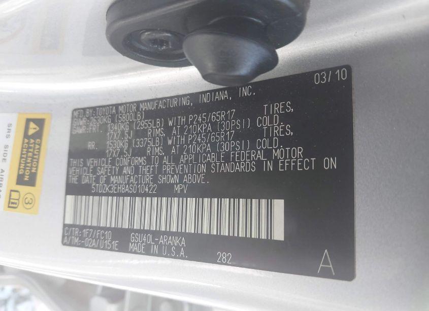 Photo 9 of 2010 Toyota Highlander BASE V6 (VIN 5TDZK3EH8AS010422)